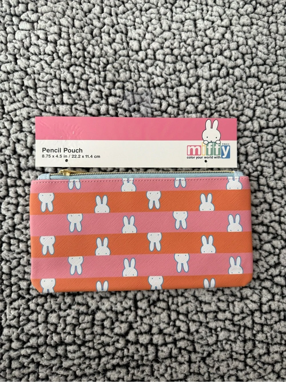 miffy Pink and Orange Striped Pencil Pouch with White Miffy Motifs